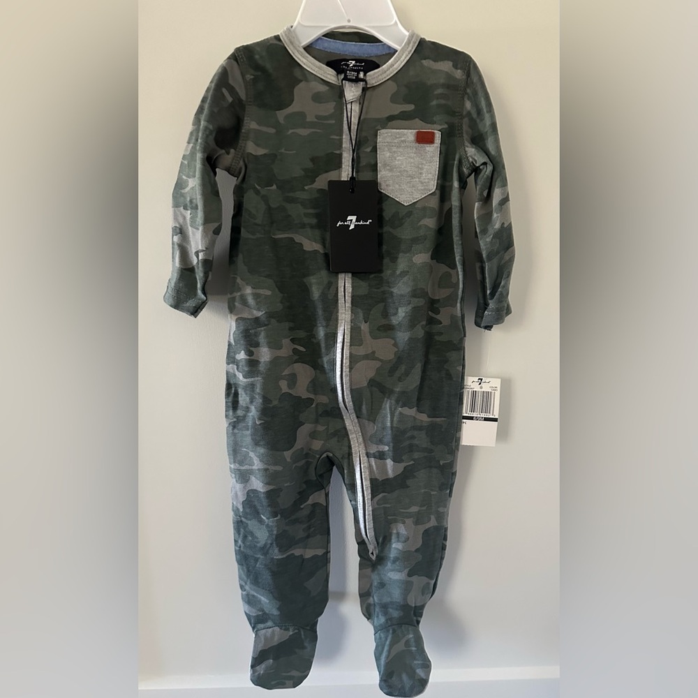 7 For All Mankind Kids Camo One- Piece Outfit With Beanie. Size 6-9 Months